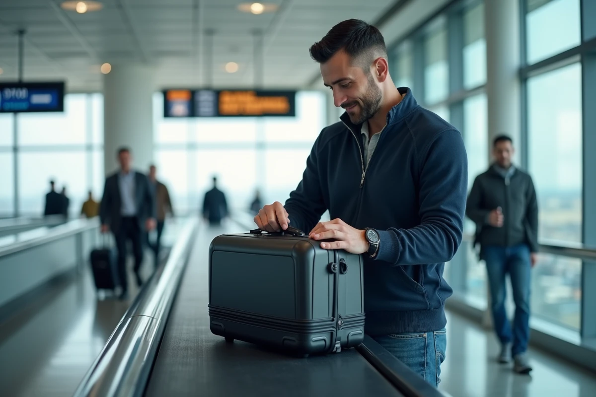 Homme rangeant une vanity case dans un bagage à main dans un terminal d'aéroport avant un départ en voyage
