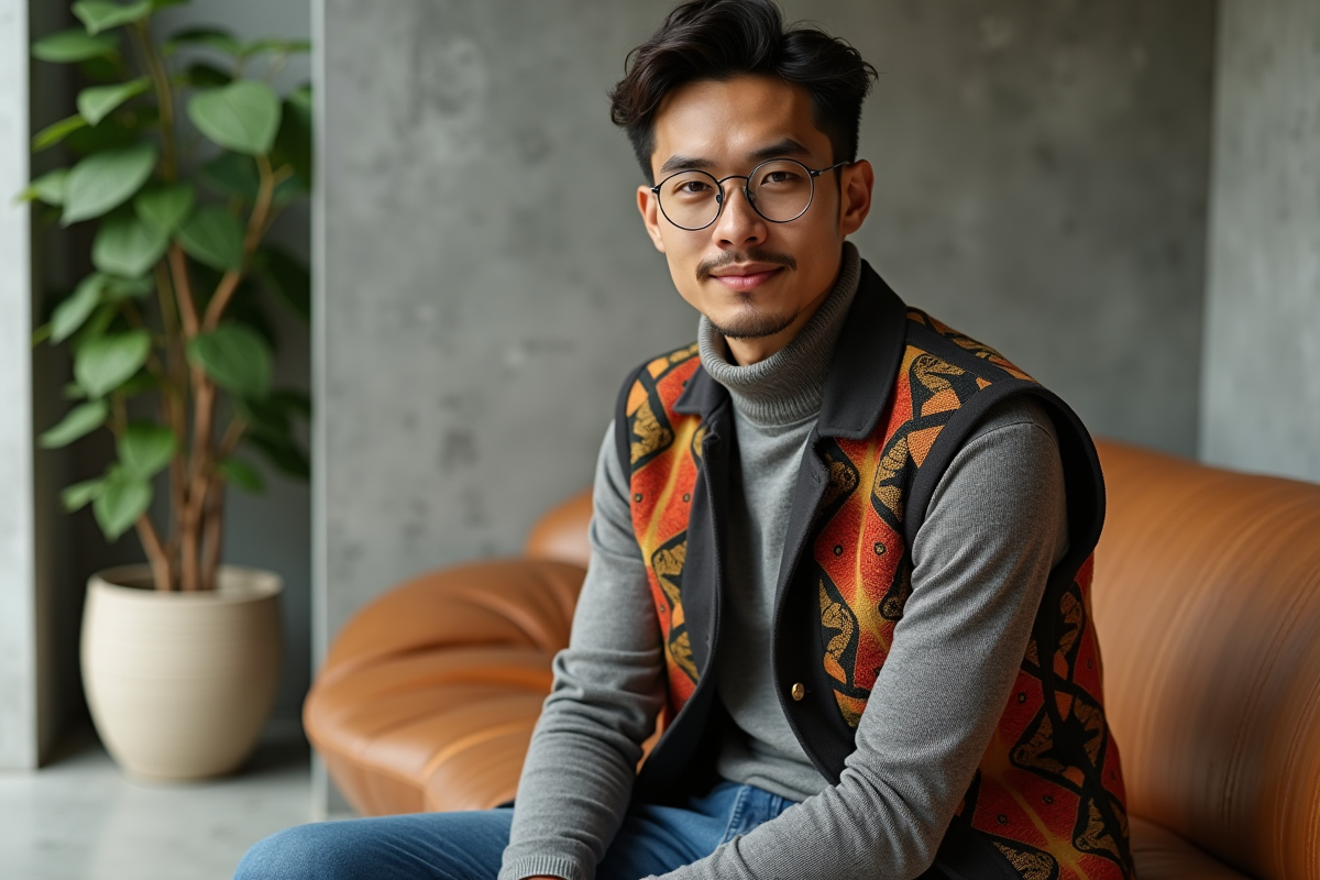 Jeune homme assis dans un loft portant un gilet à motif