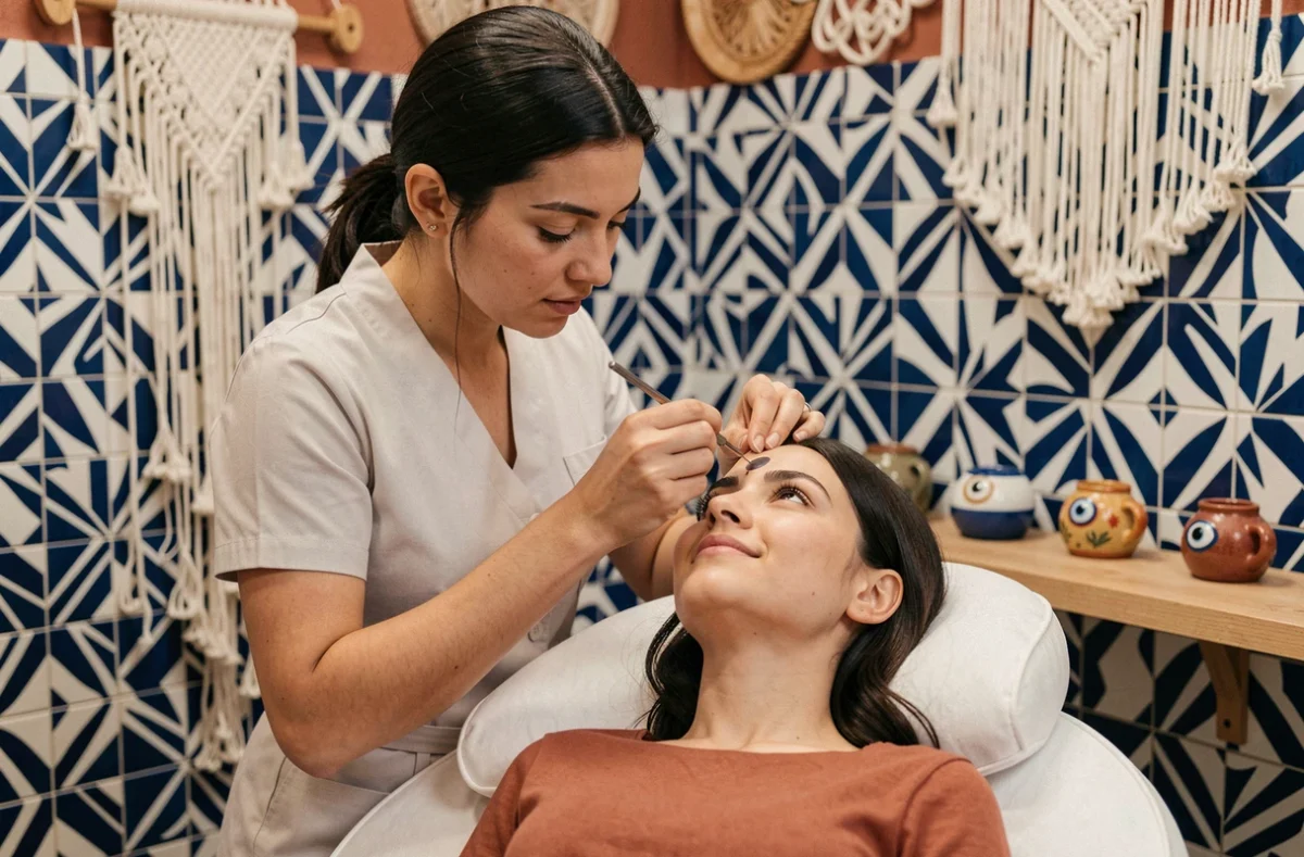 Esthéticienne réalisant un soin des sourcils au fil sur une cliente chez Ilayda Beauty à Strasbourg, dans un studio aux carreaux géométriques bleu cobalt et blanc