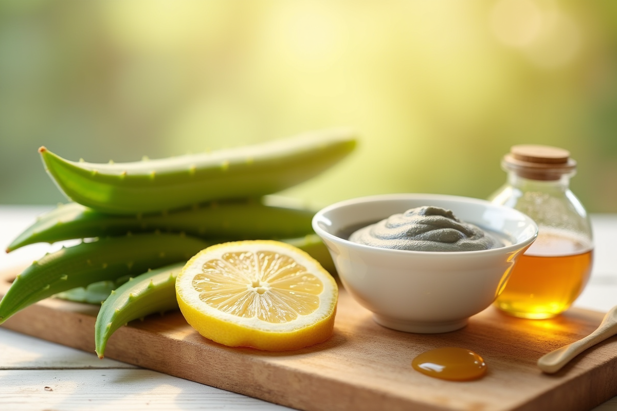 Ingrédients naturels pour soins de la peau sur table en bois