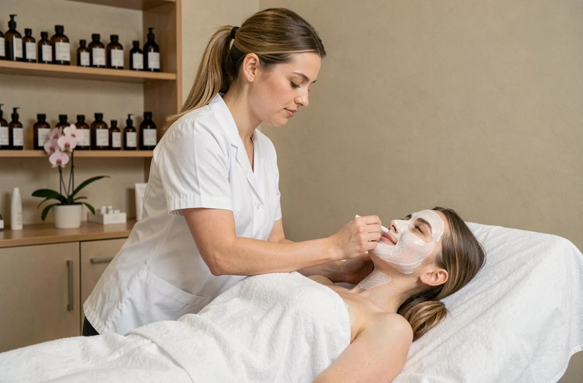 Esthéticienne en blouse blanche appliquant un soin du visage sur une cliente dans l'ambiance apaisante de l'Institut Capucine à Strasbourg