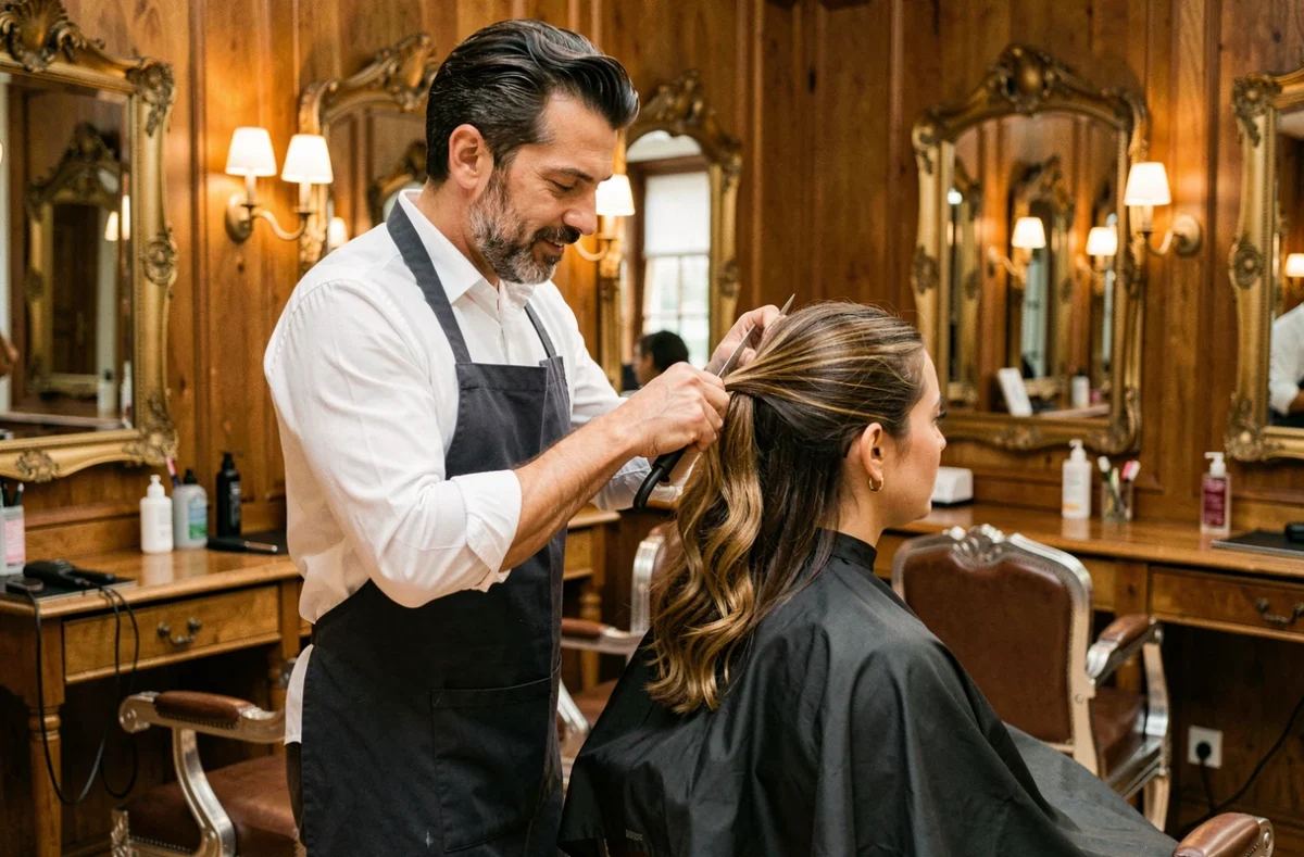 Coiffeur d'Italo Coiffure à Saint-Germain-en-Laye en train de coiffer une cliente