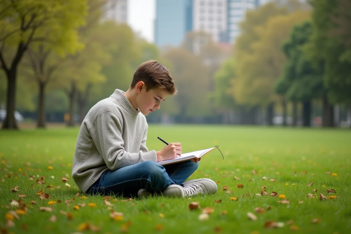 Jeune garçon dessinant dans un parc urbain verdoyant