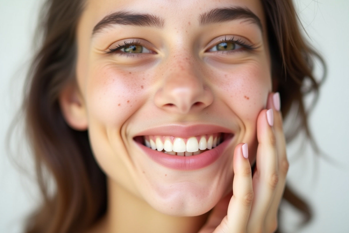 Jeune femme souriante touchant sa joue visage naturel