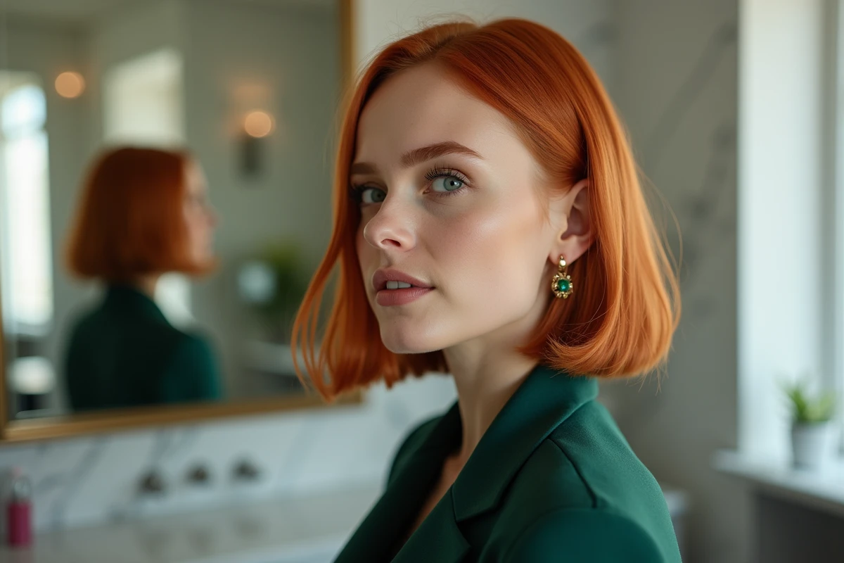 Jeune femme aux cheveux roux et coupe bob dans un salon moderne