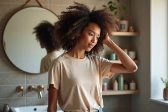 Jeune femme appliquant spray sur ses boucles naturelles