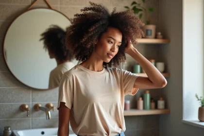 Jeune femme appliquant spray sur ses boucles naturelles