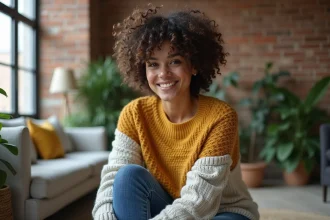 Jeune femme aux cheveux bouclés dans un loft cosy