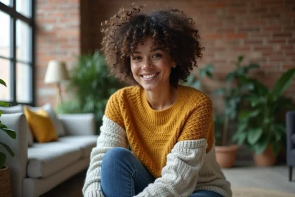 Jeune femme aux cheveux bouclés dans un loft cosy