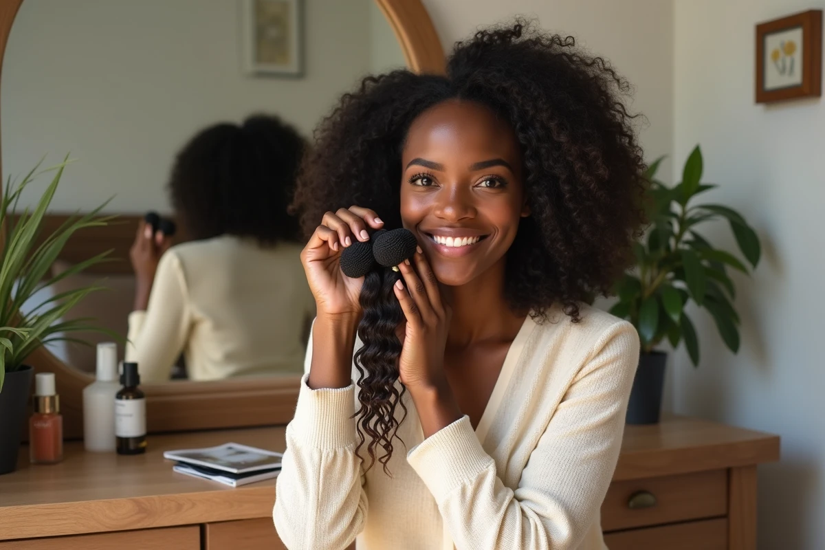 Jeune femme noire tenant des échantillons de cheveux