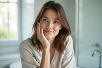 Jeune femme regardant sa peau dans un miroir lumineux