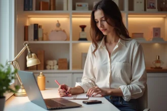 Jeune femme regardant des coffrets de parfum dans un bureau moderne