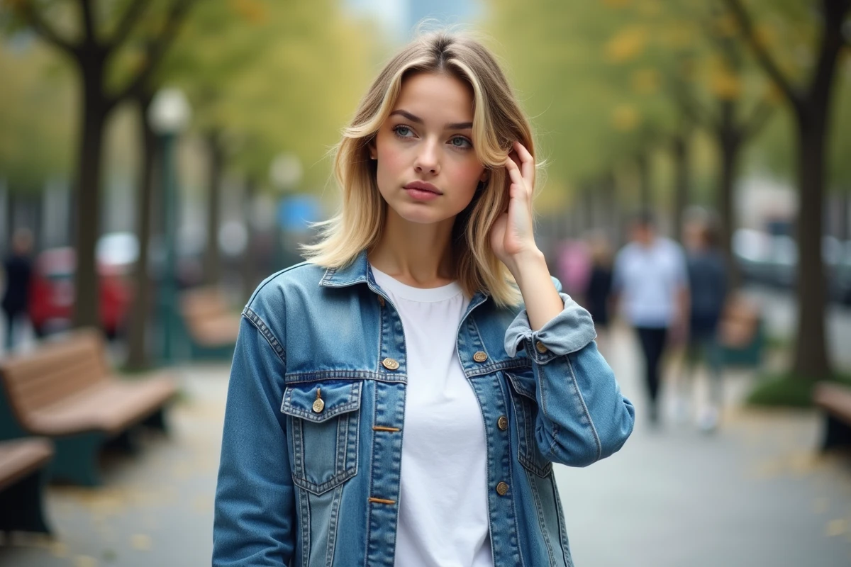Jeune femme blonde dans un parc urbain décontracté