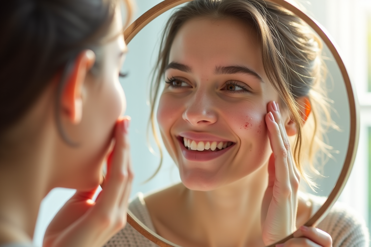 Jeune femme souriante examinant sa peau lisse dans un miroir