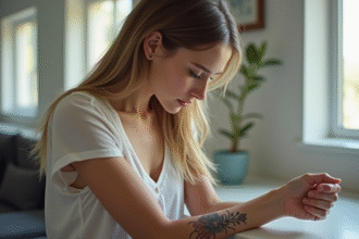 Jeune femme regardant son avant-bras pour un tatouage floral