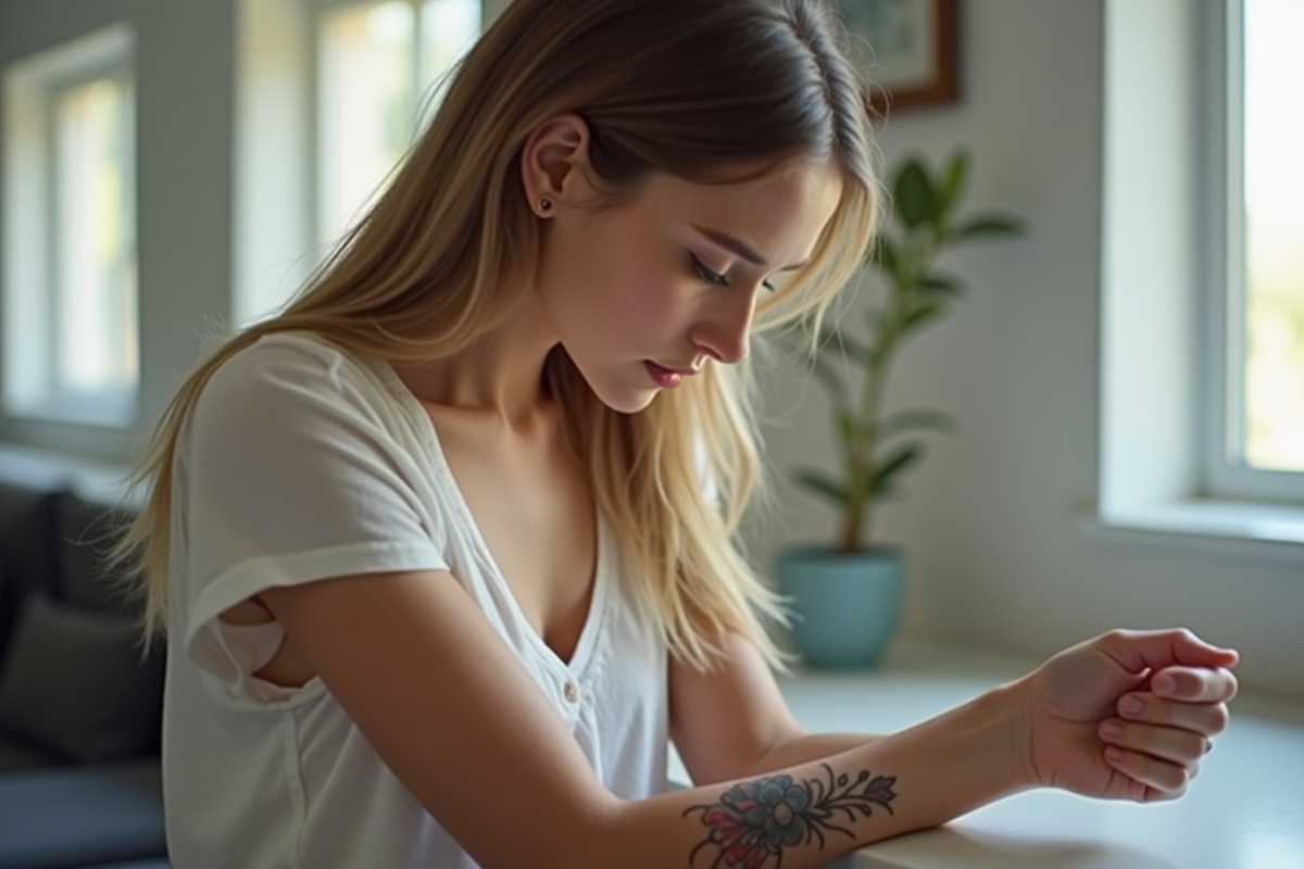 Jeune femme regardant son avant-bras pour un tatouage floral