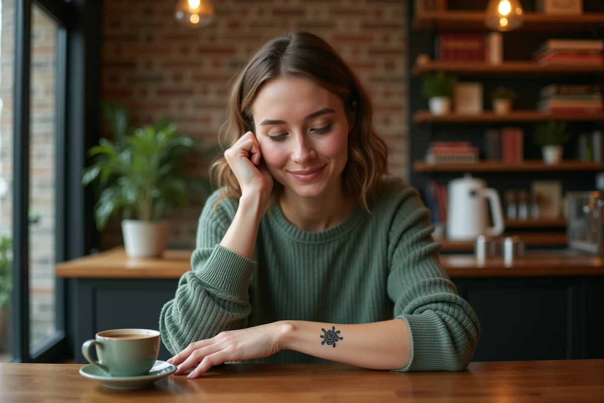 Jeune femme en café regardant son tatouage tortue fin sur le poignet avec une expression contemplative