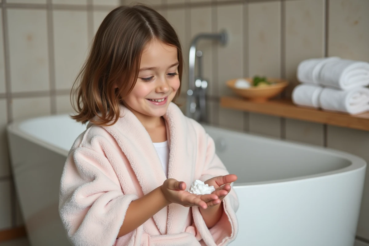 Jeune fille vers cinq ans verse du shampooing dans sa main dans un bain moderne