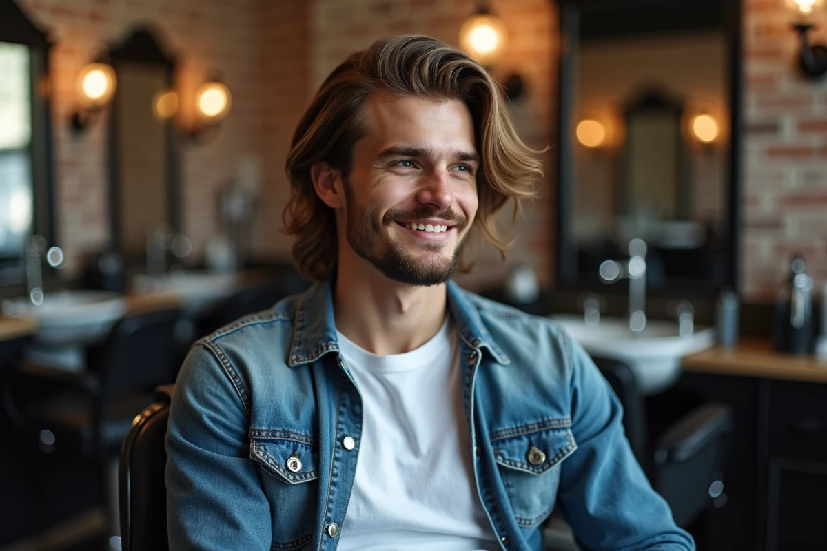 Jeune homme avec coupe longue et dégradée en barbershop