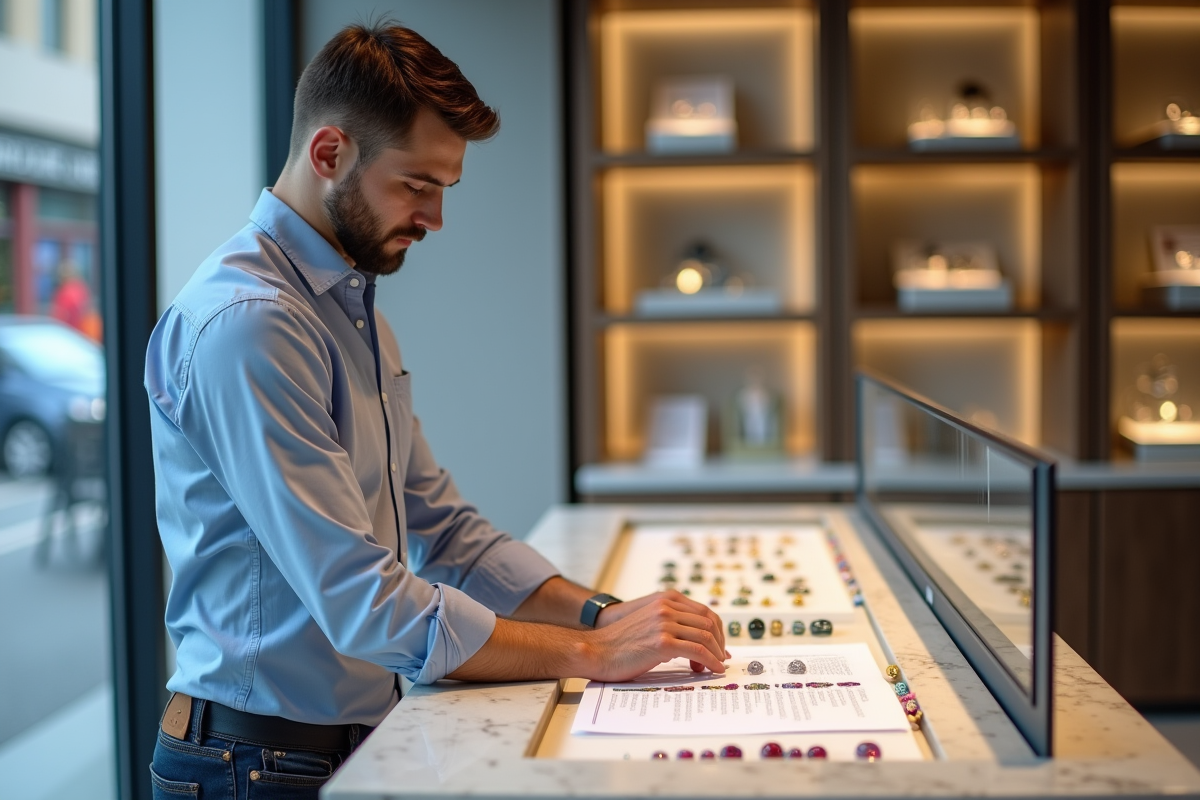 Jeune homme examinant un tableau de gemmes en boutique moderne