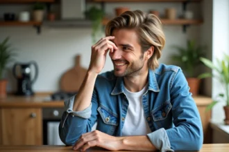 Jeune homme souriant en denim et blanc dans une cuisine lumineuse