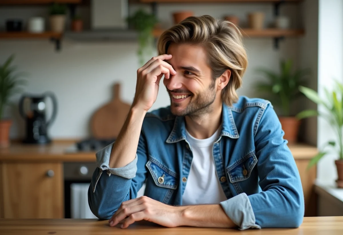 Jeune homme souriant en denim et blanc dans une cuisine lumineuse