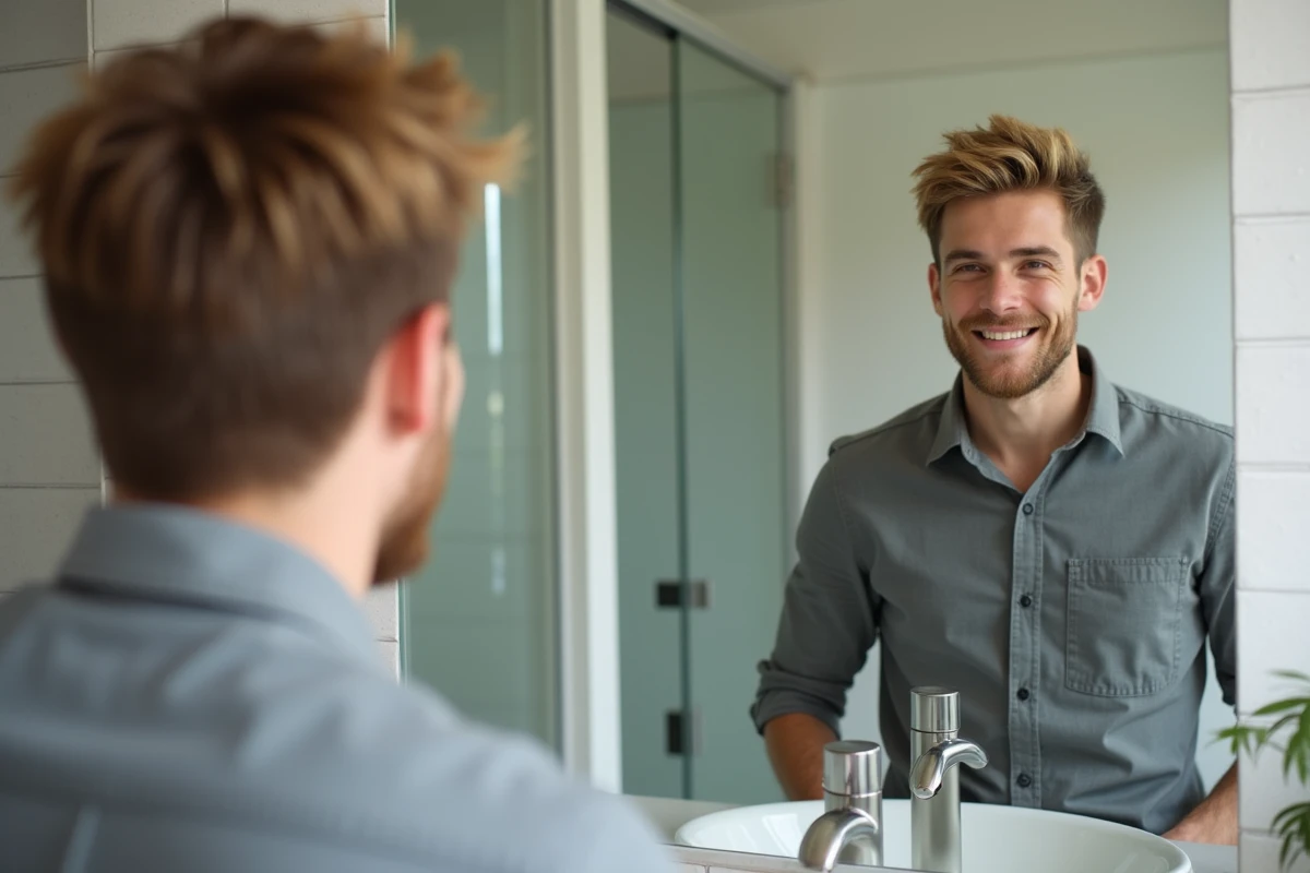 Jeune homme examine ses cheveux patine dans sa salle de bain