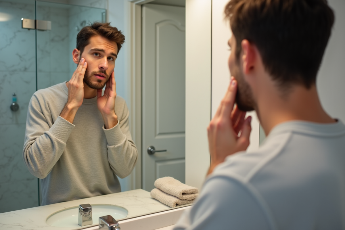 Jeune homme pinçant son visage devant un miroir de salle de bain