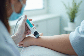 Dermatologue utilisant un laser moderne sur le bras du patient