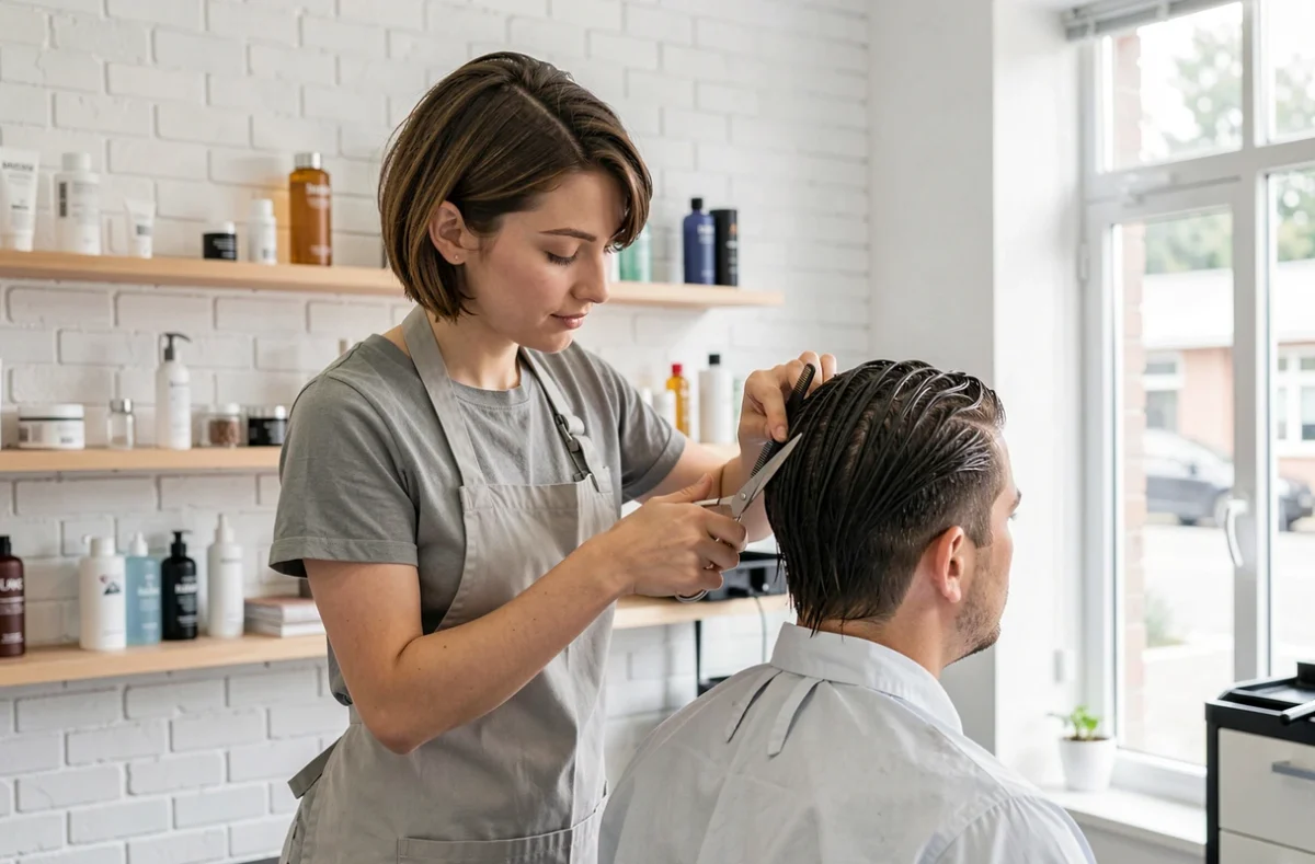 Coiffeuse du salon Le Jour d'Après à Montigny-le-Bretonneux réalisant une coupe précise