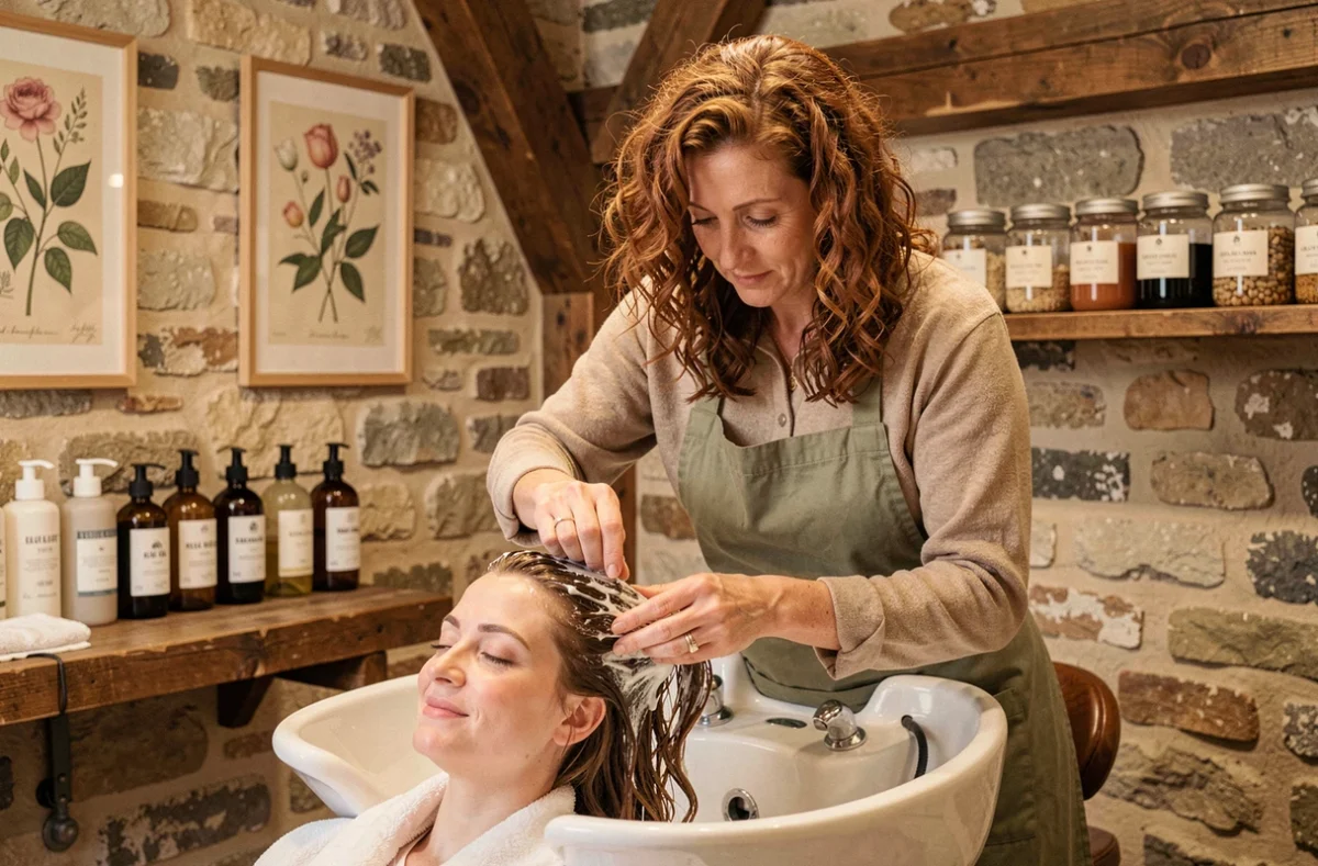 Coiffeuse de L'Hair du Temps à Neauphle-le-Château appliquant un soin capillaire sur une cliente