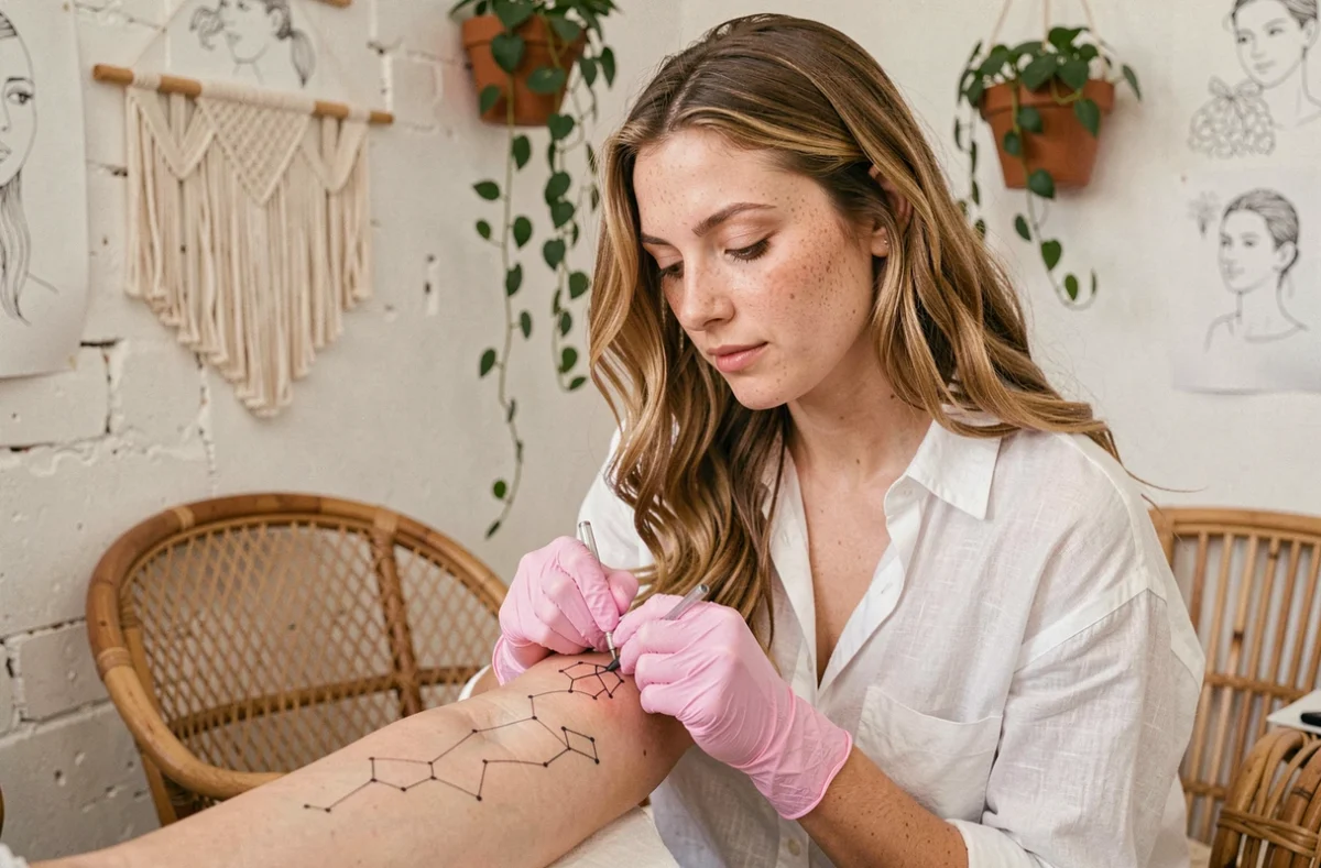 Lilou Ink, tatoueuse à Tours, réalisant un tatouage fine-line de constellation sur la clavicule d'une cliente dans un studio bohème aux murs blancs et décor en rotin et plantes