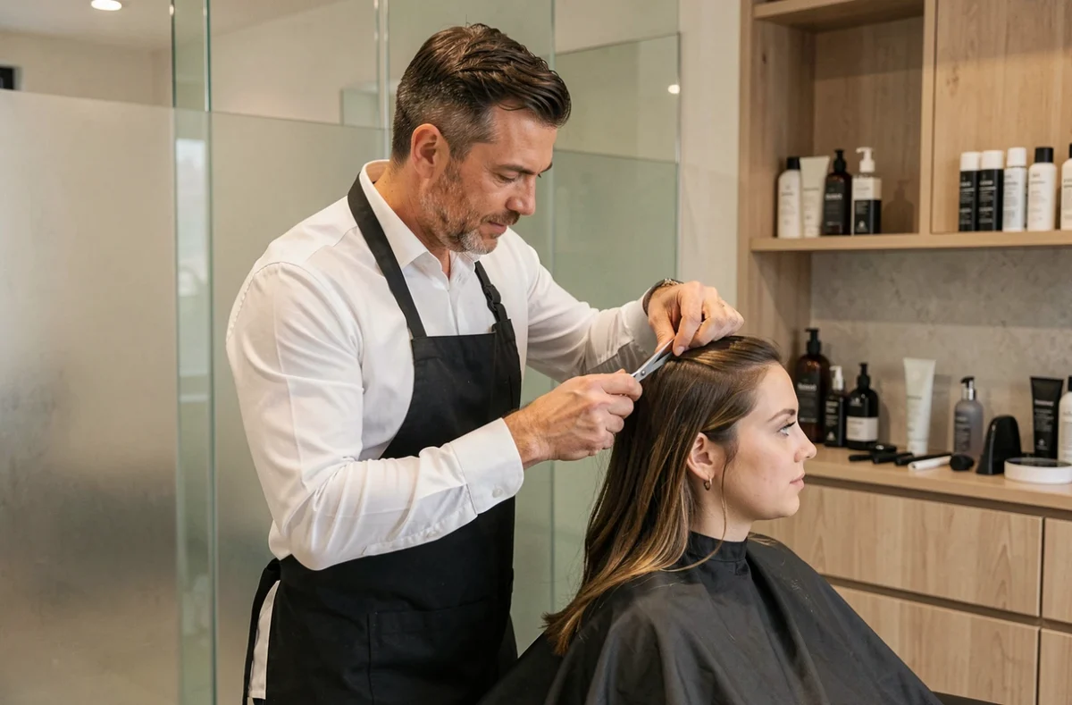 Coiffeur professionnel réalisant une coupe soignée pour une cliente dans le salon Loic Coiffure à Évreux