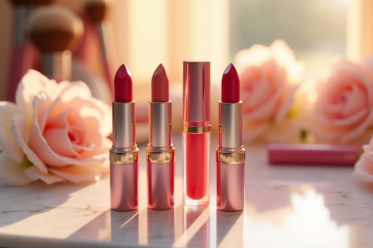 Trois rouges à lèvres un gloss et un baume sur un marbre avec fleurs et pinceaux