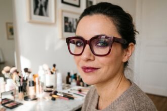 Femme aux lunettes oversize bordeaux avec un maquillage assorti, assise devant une coiffeuse en marbre dans un appartement parisien contemporain