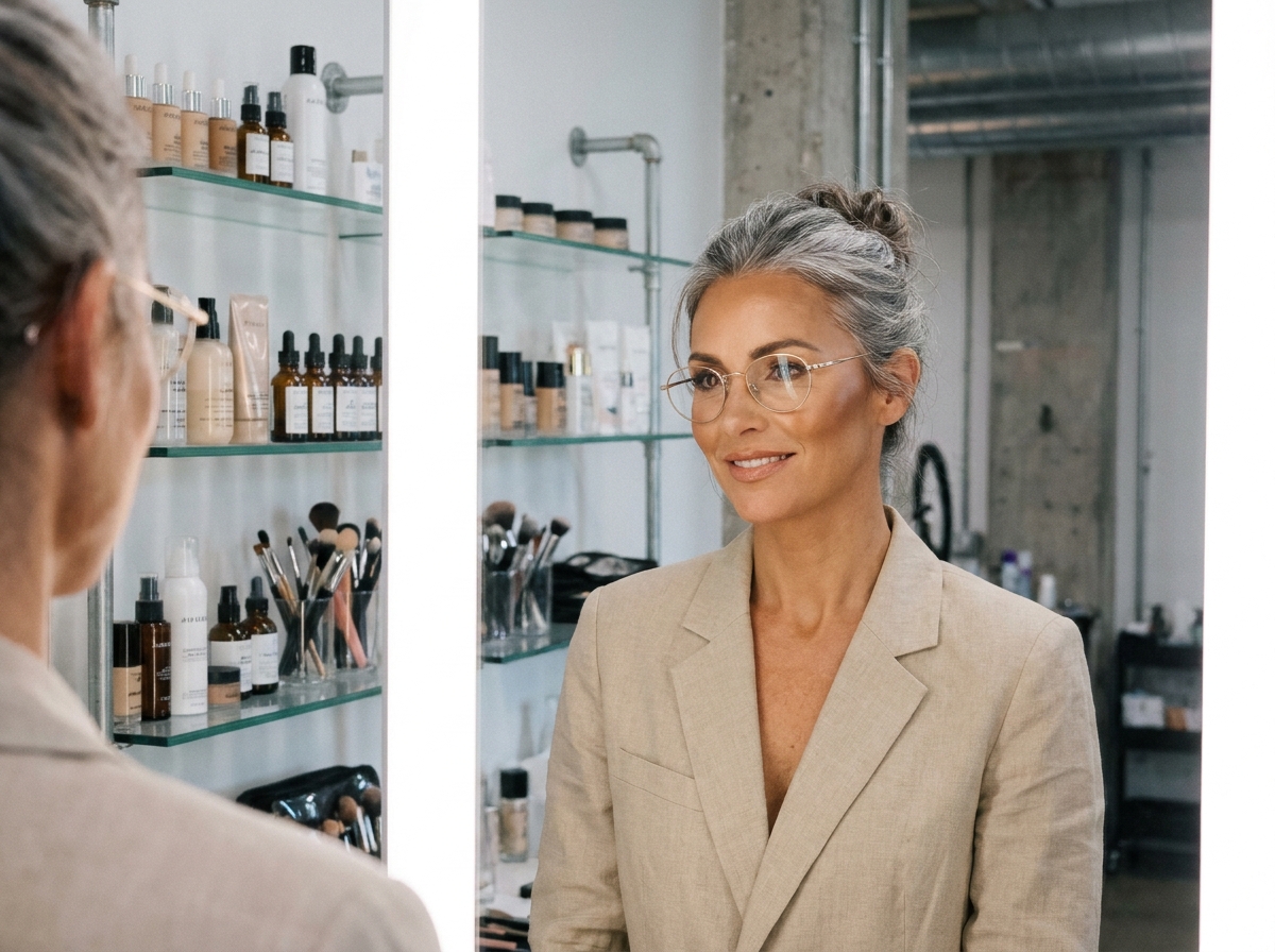 Femme élégante aux cheveux gris avec des lunettes dorées ovales et un maquillage bronze dans un studio beauté professionnel