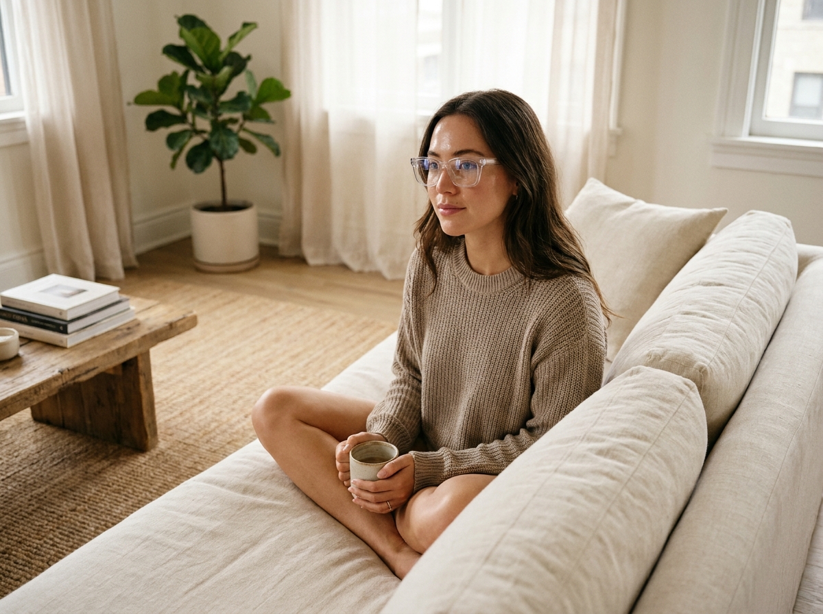 Jeune femme en lunettes transparentes rectangulaires avec un maquillage naturel effet glass skin, assise sur un canapé en lin dans un salon minimaliste