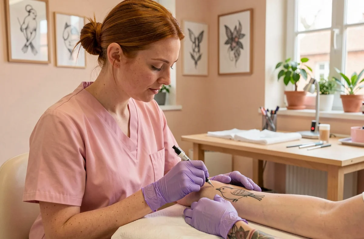 Tatoueuse de Mademoiselle Ink Tattoo à Ballan-Miré réalisant un petit oiseau minimaliste au trait sur le poignet d'une cliente dans un studio aux tons doux et pastel