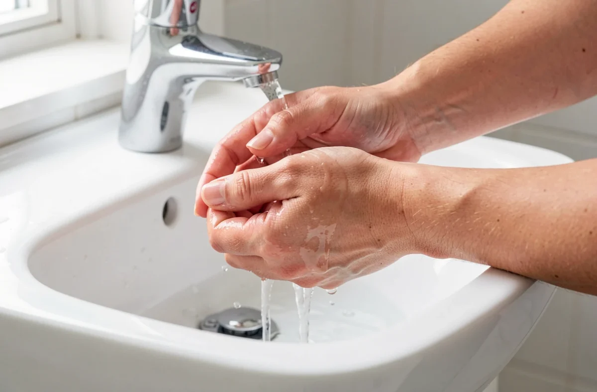 Mains rinçant une zone de peau sous l'eau au-dessus d'un lavabo