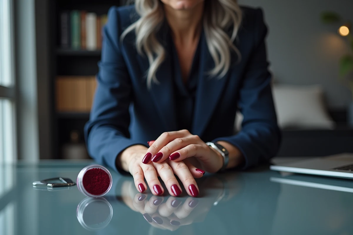 Mains de femme avec manucure Dip Powder bordeaux sur bureau en verre dans un bureau professionnel moderne