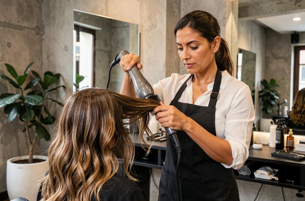 Mariam Emirian coiffant une cliente avec un brushing dans son salon à Versailles