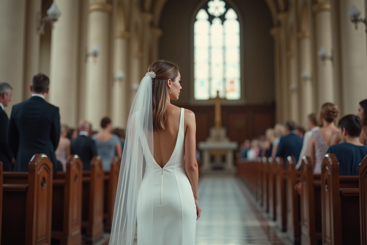 Mariée avec un carré mi-long lissé et un voile long en église, portant une robe fourreau en crêpe blanc devant des vitraux