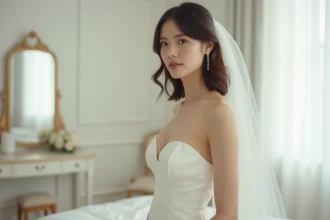 Mariée avec une coupe carré mi-long lisse sous un voile cathédrale, portant une robe de mariée en satin dans une suite nuptiale élégante