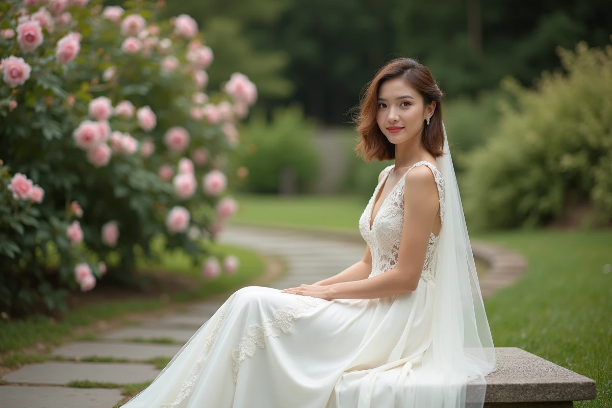 Mariée aux cheveux en carré mi-long ondulé avec un voile blusher, assise dans un jardin fleuri portant une robe de mariée en dentelle ivoire
