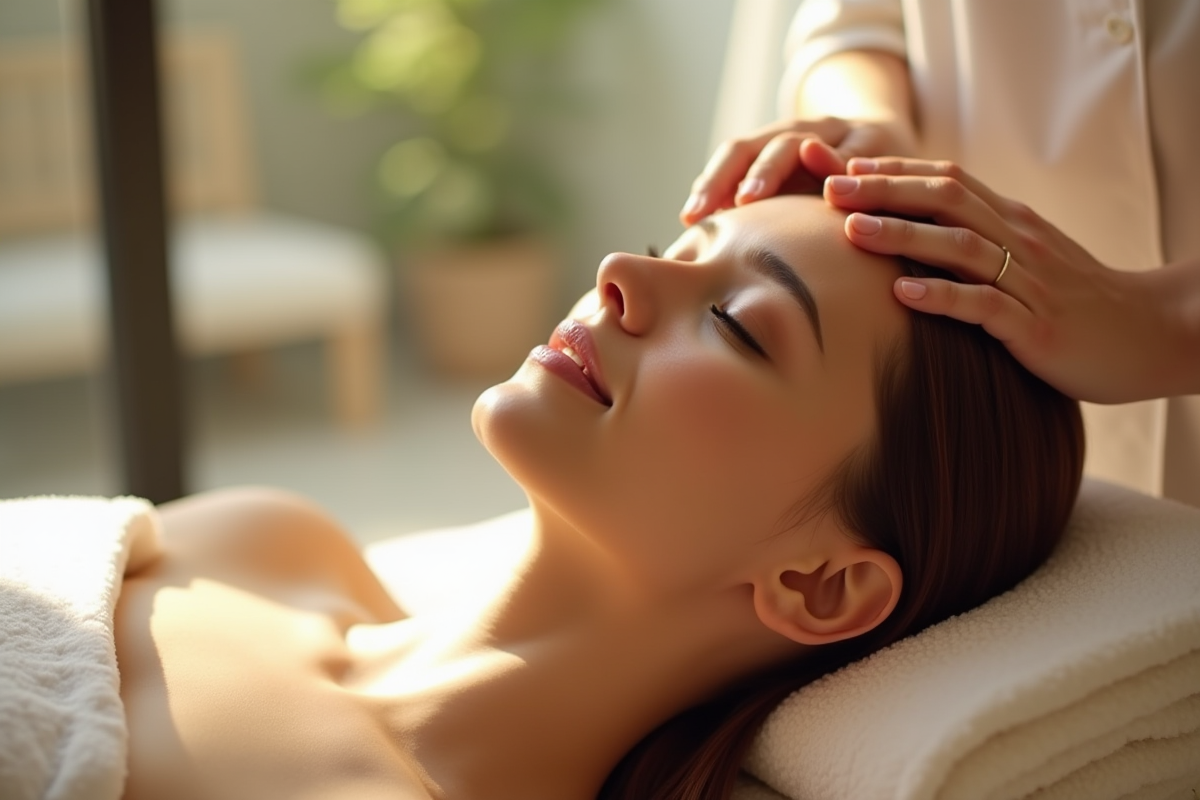 Jeune femme recevant un massage du cuir chevelu dans un spa moderne
