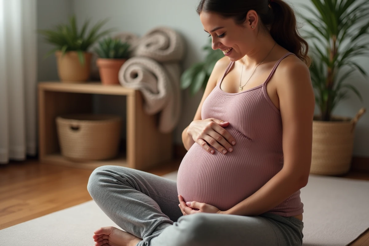 Future maman assise en tailleur massant son ventre avec une huile naturelle sur un tapis de yoga dans un salon chaleureux