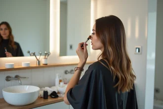 Femme appliquant des mèches blondes sur cheveux bruns à la maison dans une salle de bain avec outils de coloration professionnels