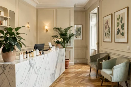 Réception élégante d'un institut de beauté dans le Grand Est, avec comptoir en marbre, produits de soin et plantes vertes dans un cadre raffiné