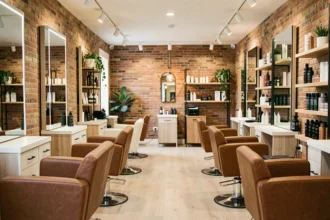 Intérieur d'un salon de coiffure moderne et élégant dans l'Eure, avec plusieurs postes de coiffure, miroirs et fauteuils en cuir