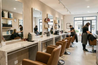 Intérieur d'un salon de coiffure moderne dans les Yvelines avec des coiffeurs au travail